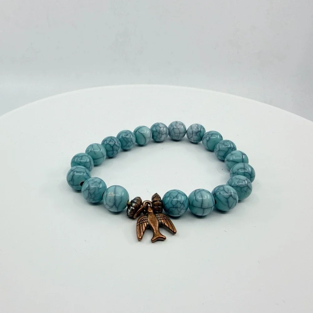 VTG Y2K Faux Turquoise Beaded Stretch Bracelet Copper Tone Bird Charm Boho Retro